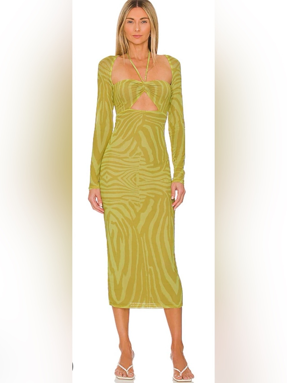 AFRM Zoya Yellow Zebra Long-Sleeve Cutout Midi Dress size XS